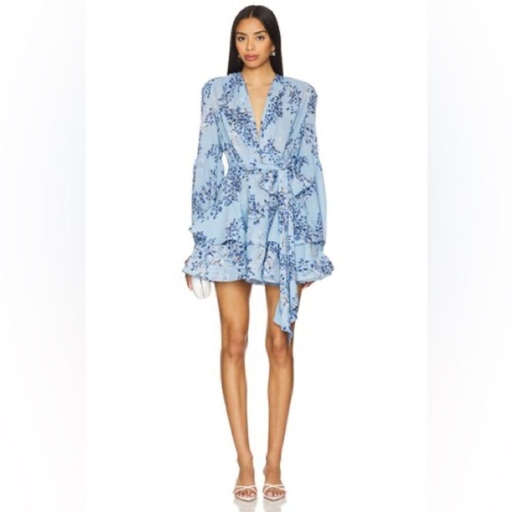 Bronx and Banco Sky Blue Floral Wrap Mini Dress
